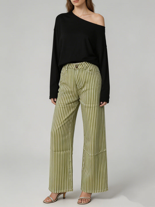 Damen nan weite High-Waist Palazzohose mit vertikalen Streifenoptik und abgesteppten Kniepartien EB