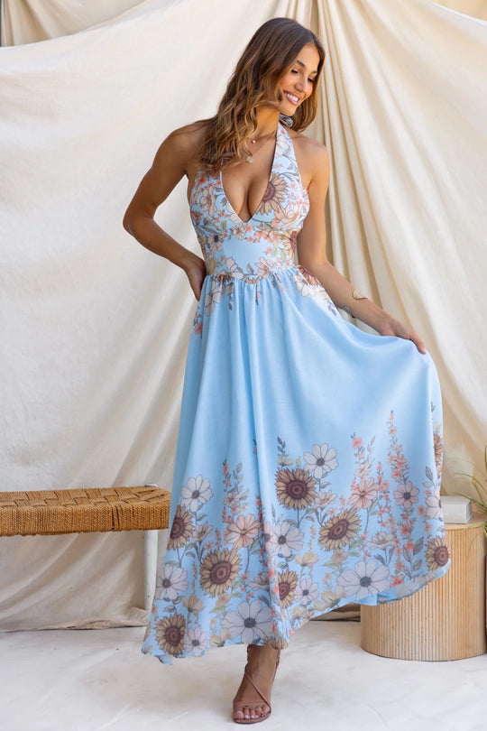 Damen Maxikleid mit tiefem V-Ausschnitt und floralem Print EB