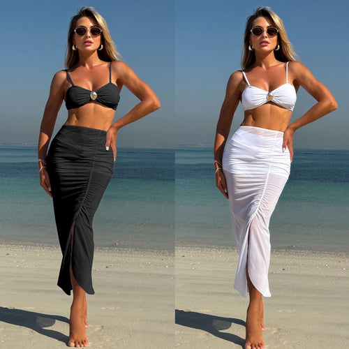Damen Bikini-Set mit elegantem Wickelrock und dekorativem Ring EB