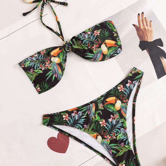 Damen Bandeau-Bikini mit tropischem Blütenmuster EB