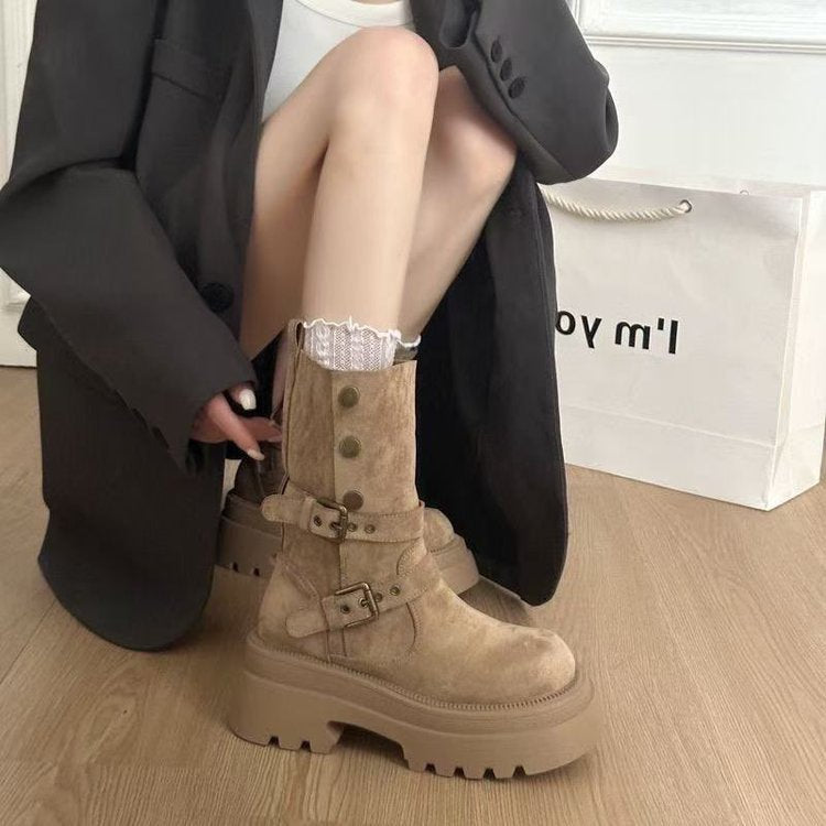 Damen Bequeme und modische Chunky Stiefeletten mit Schnalle und Profilsohle EB