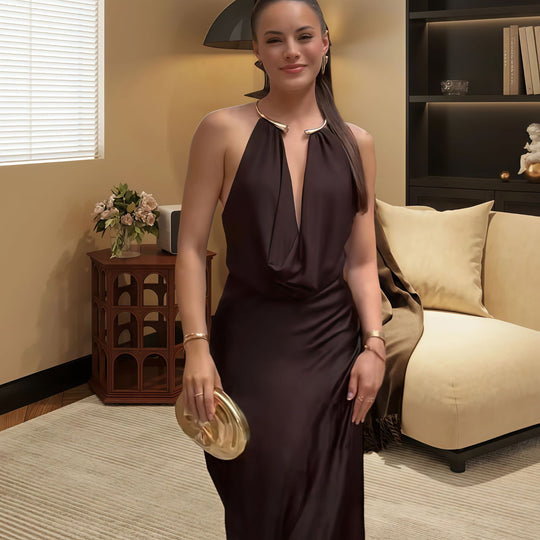Damen Elegantes Maxikleid mit Drapierung und tiefem V-Ausschnitt EB