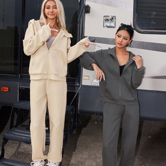 Damen nan athletisches Freizeit-Set mit Zip-Hoodie im Oversize-Schnitt und taillenhoher Komfort-Jogginghose EB