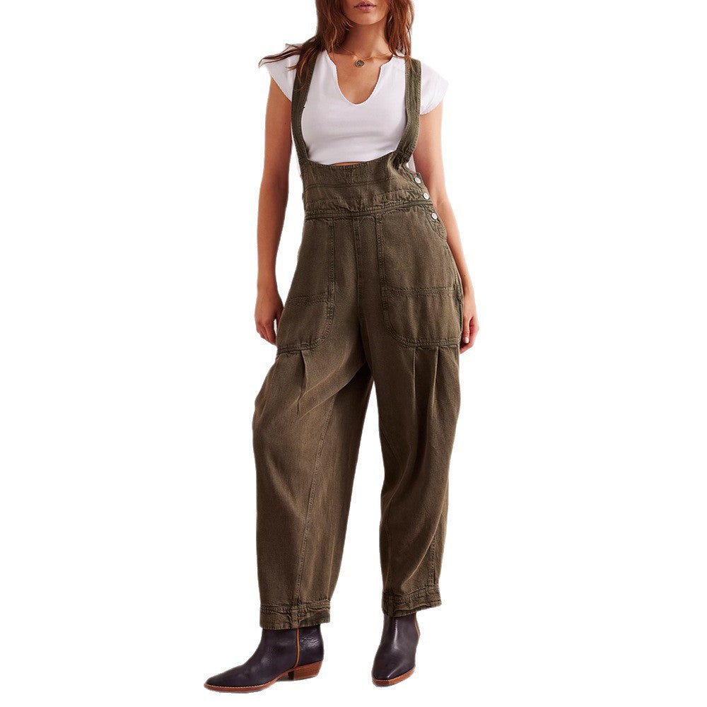 Damen lässiger Denim Overall mit tiefem V-Ausschnitt und praktischen Taschen EB