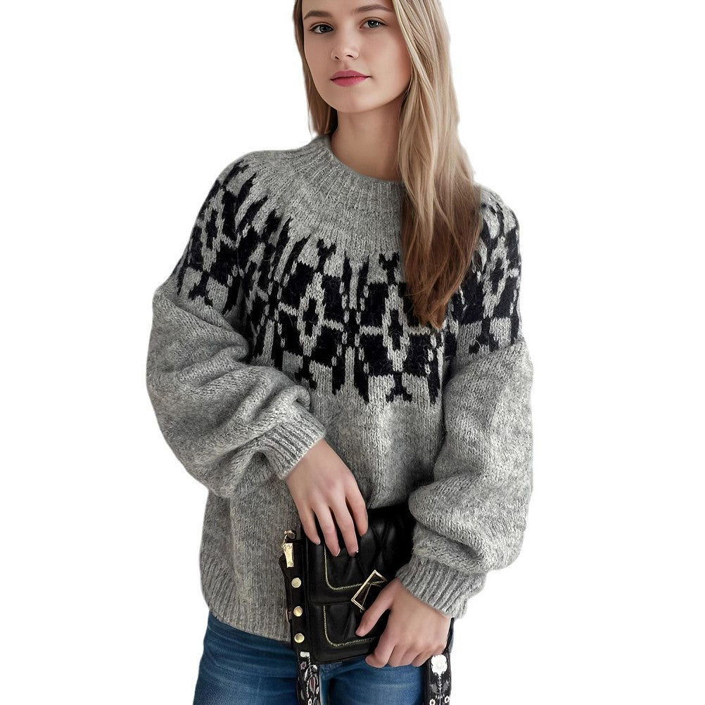 Damen Strickpullover mit voluminösen Ärmeln und modernem Muster EB