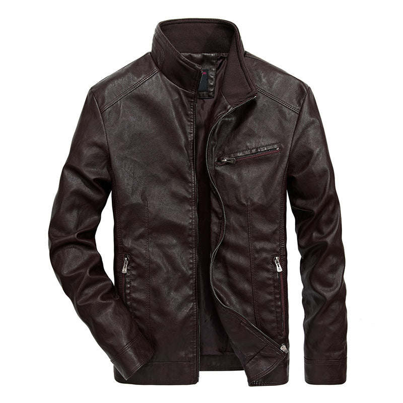 Herren Kunstleder-Bikerjacke mit hohem Stehkragen und Reißverschlussdetails EB
