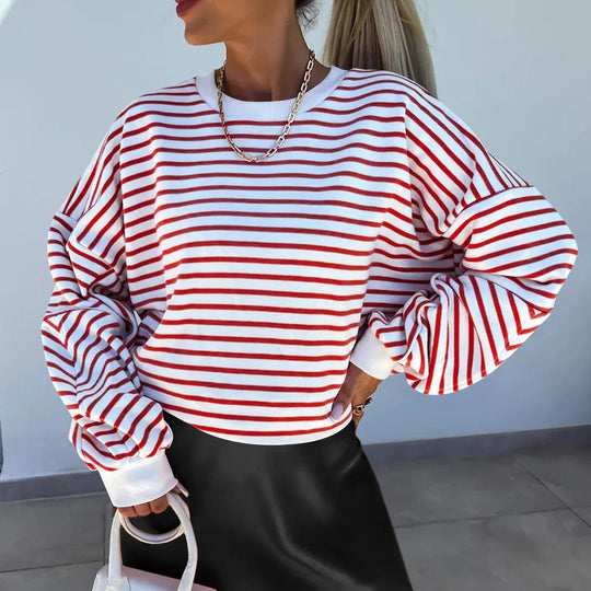 Damen lässiges gestreiftes Sweatshirt mit Boxy-Schnitt und kontrastierenden Abschlüssen EB