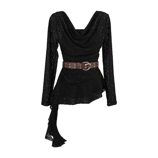 Damen  drapiertes Spitzen-Top mit asymmetrischem Zipfelsaum und Taillengürtel EB