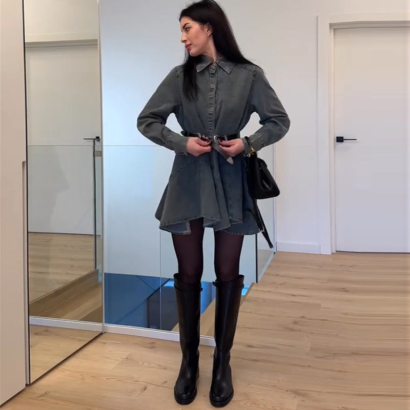 Damen Denim Knopfkleid mit tailliertem Schnitt und Gürtel EB