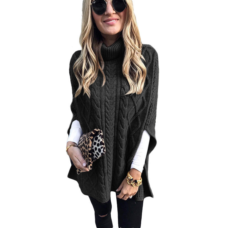Damen nan kastiger Strickponcho mit hohem Rollkragen, Zopfstruktur und seitlichen Schlitzen EB