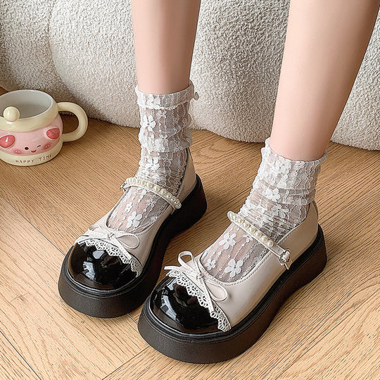 Damen Elegante Plattform-Ballerinas mit funkelnden Perlen und Schleifen-Detail EB