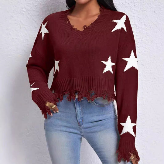 Damen modischer Sweatpullover mit Sternenmotiv und ausgefranstem Saum EB