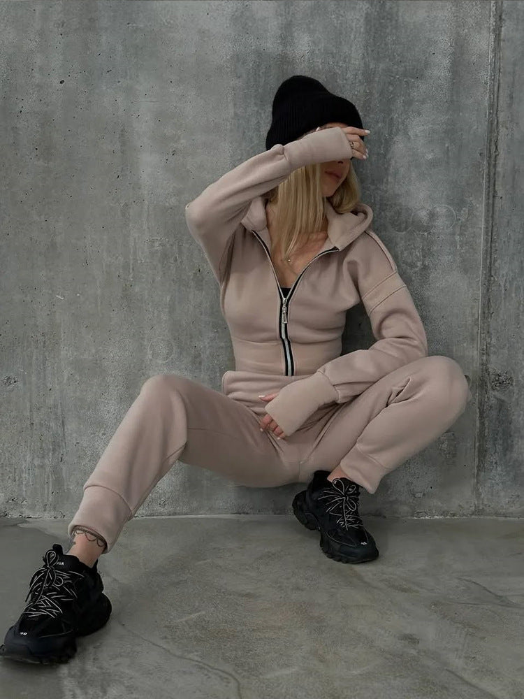 Damen Figurbetontes Kapuzen-Loungewear-Set mit tailliertem Zip-Hoodie und High-Waist Jogginghose EB