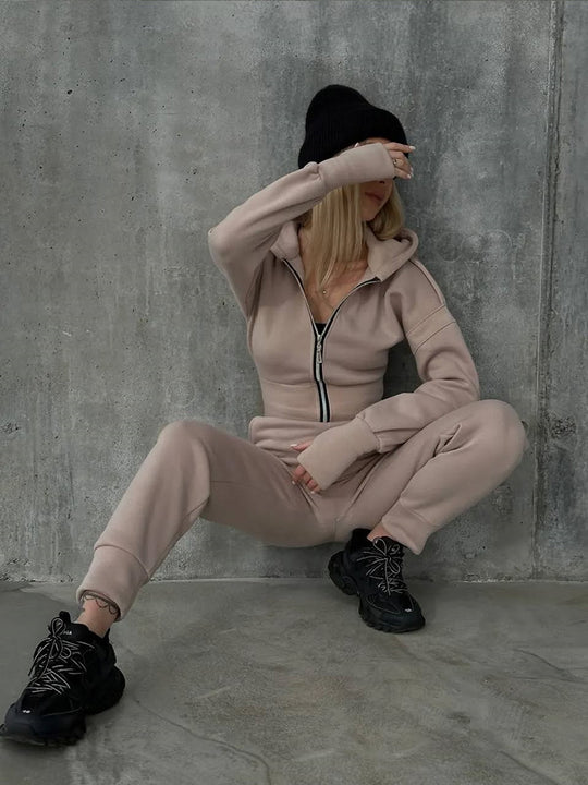 Damen Figurbetontes Kapuzen-Loungewear-Set mit tailliertem Zip-Hoodie und High-Waist Jogginghose EB