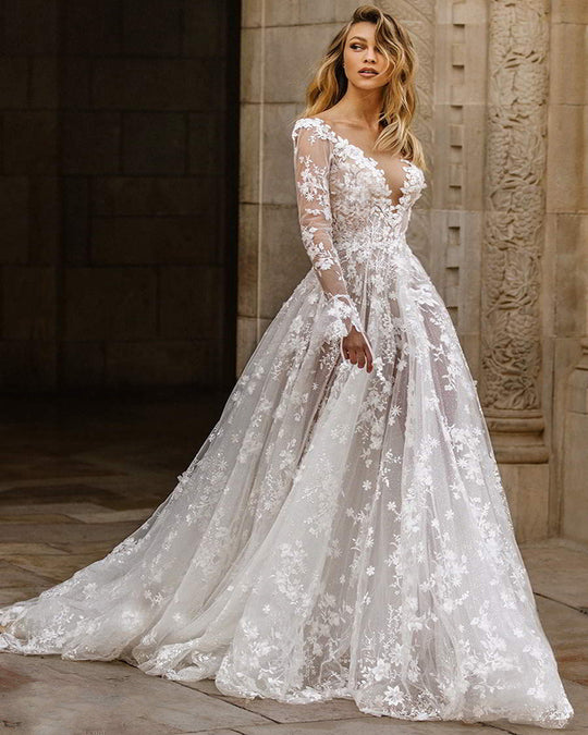 Damen Elegantes Hochzeitskleid mit floralen Spitzenapplikationen und tiefem V-Ausschnitt EB