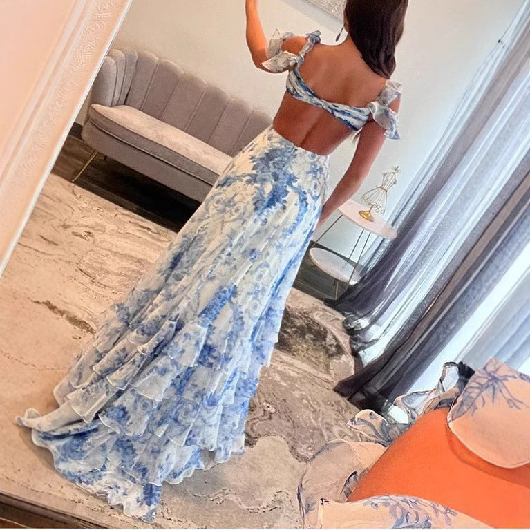 Damen Romantisches Maxikleid mit Rüschendetails und floralem Design EB