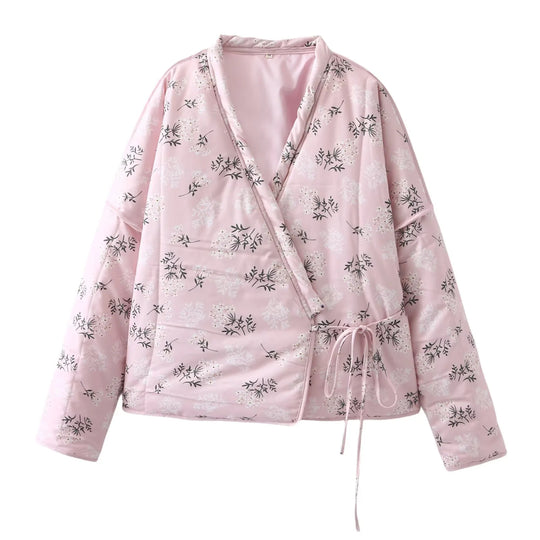 Damen gesteppte Übergangsjacke mit floralem Muster und kontrastierenden Details EB