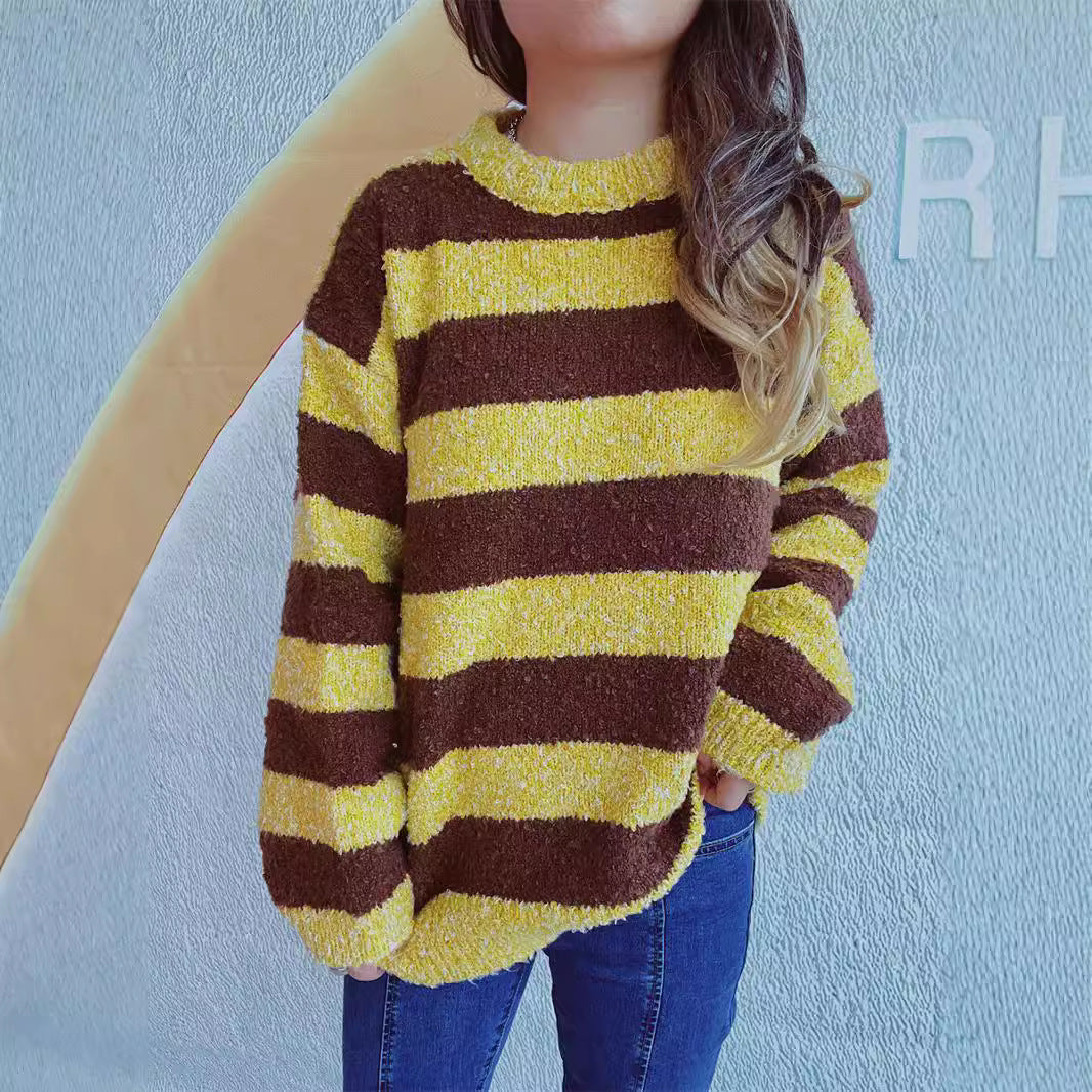 Damen gemütlicher Streifenpullover aus weichem Material mit weitem Schnitt EB