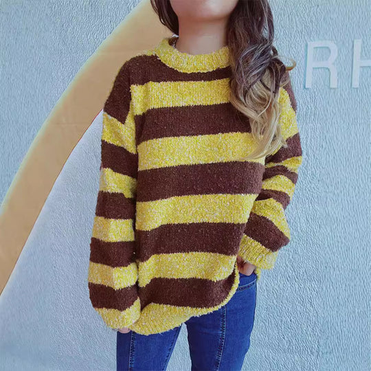 Damen gemütlicher Streifenpullover aus weichem Material mit weitem Schnitt EB