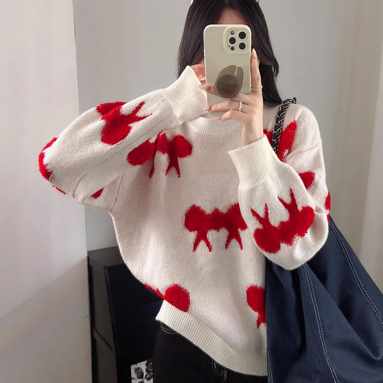 Damen Kuscheliger Strickpullover mit verspieltem Schleifenmotiv EB
