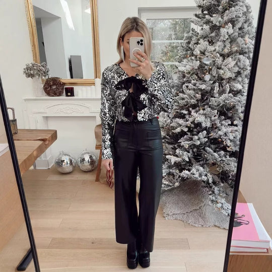 Damen elegante Lurex-Partyjacke mit Rüschen und schönen Schleifen EB