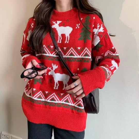Damen Grobstrickpullover mit festlichem Rentier-Motiv und Rundhalsausschnitt EB