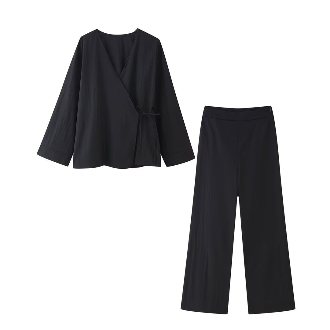 Damen Set aus eleganter Bluse mit V-Ausschnitt und weit geschnittenen Palazzo-Hosen EB