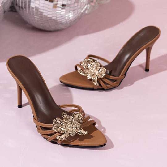 Damen elegante High Heel Mules mit floralem Schmuckdetail EB