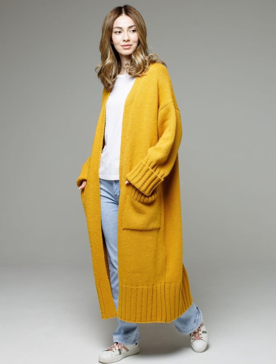 Damen bequemer langer Strickcardigan mit Taschen und breiten Ärmeln EB