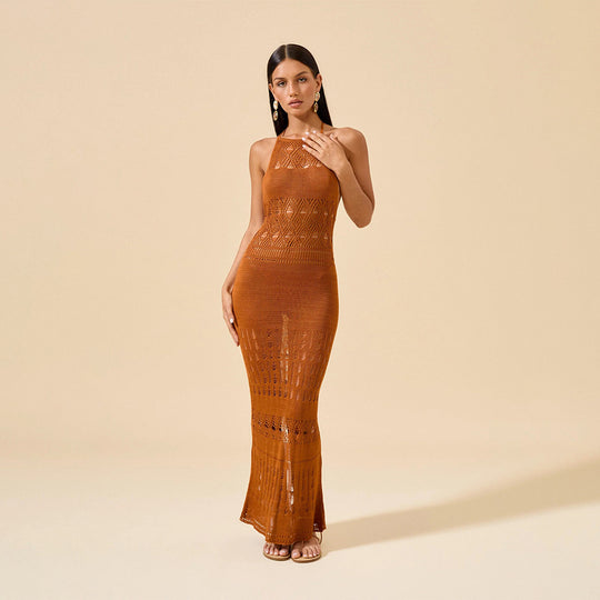 Damen elegantes Häkel-Maxikleid mit tiefem Rückenausschnitt EB