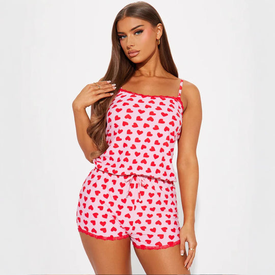 Damen gemütliches Kurzpyjama-Set mit verspielt herzförmigem Print und elastischem Taillenbund EB