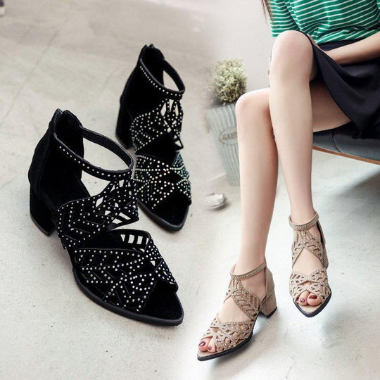 Damen Glamouröse Strass-Sandalen mit Blockabsatz EB