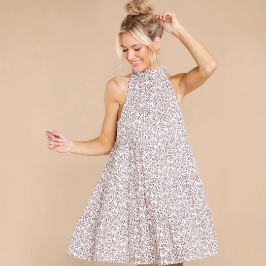 Damen Neckholder-Kleid mit verspielt-floralem Design und Rüschendetails EB