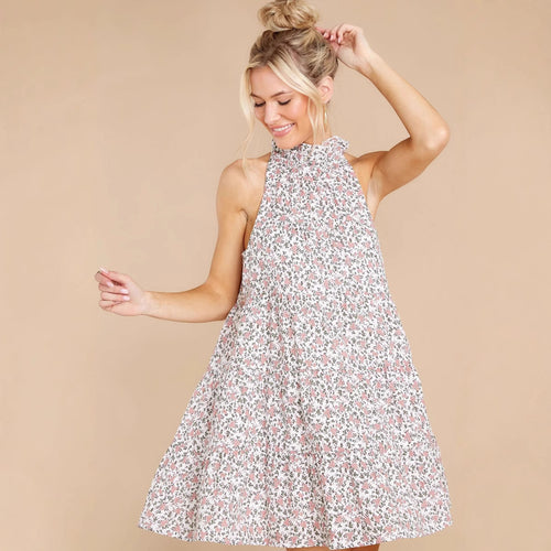 Damen Neckholder-Kleid mit verspielt-floralem Design und Rüschendetails EB