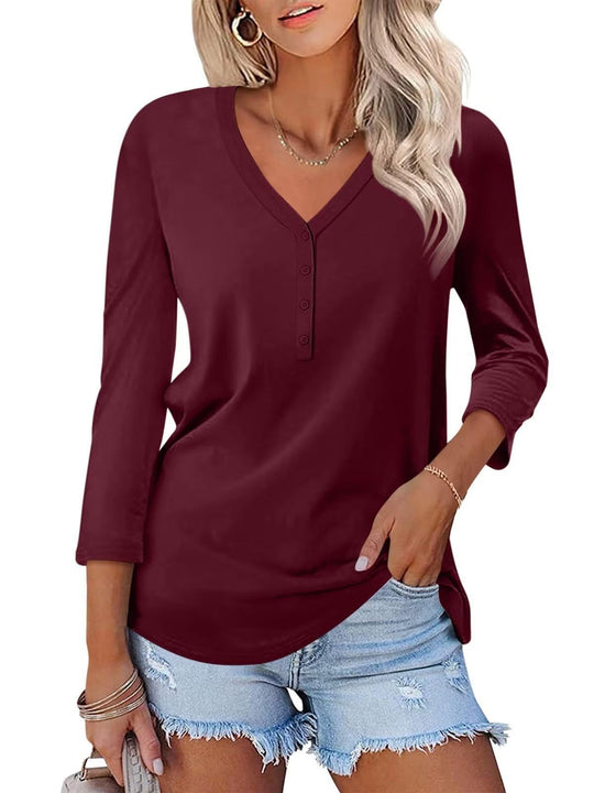 Damen Langarm T-Shirt mit Knopfleiste und V-Ausschnitt EB
