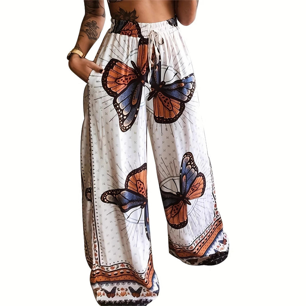 Damen Weite Palazzo-Hose mit buntem Schmetterlingsdruck und elastischem Bund EB