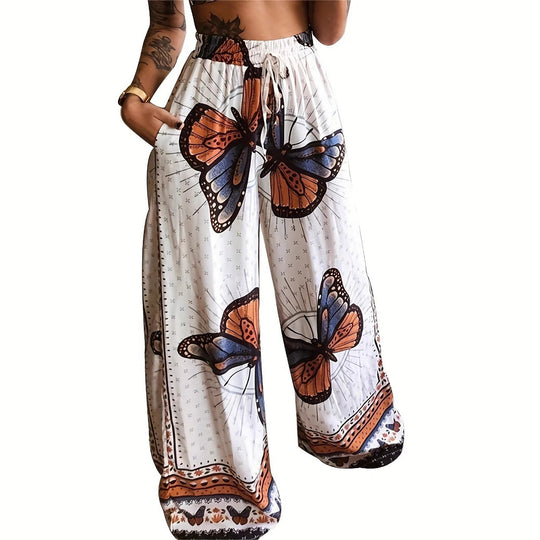 Damen Weite Palazzo-Hose mit buntem Schmetterlingsdruck und elastischem Bund EB