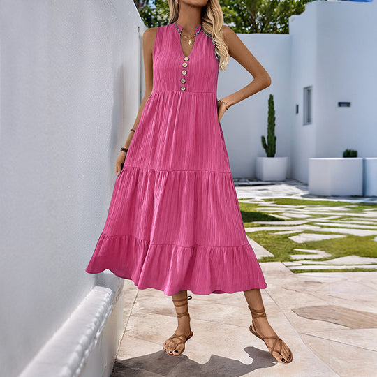 Damen Midikleid mit Knopfdetails und voluminösem Rock EB