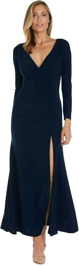 Damen elegantes Maxikleid mit hohem Schlitz und raffiniertem V-Ausschnitt EB