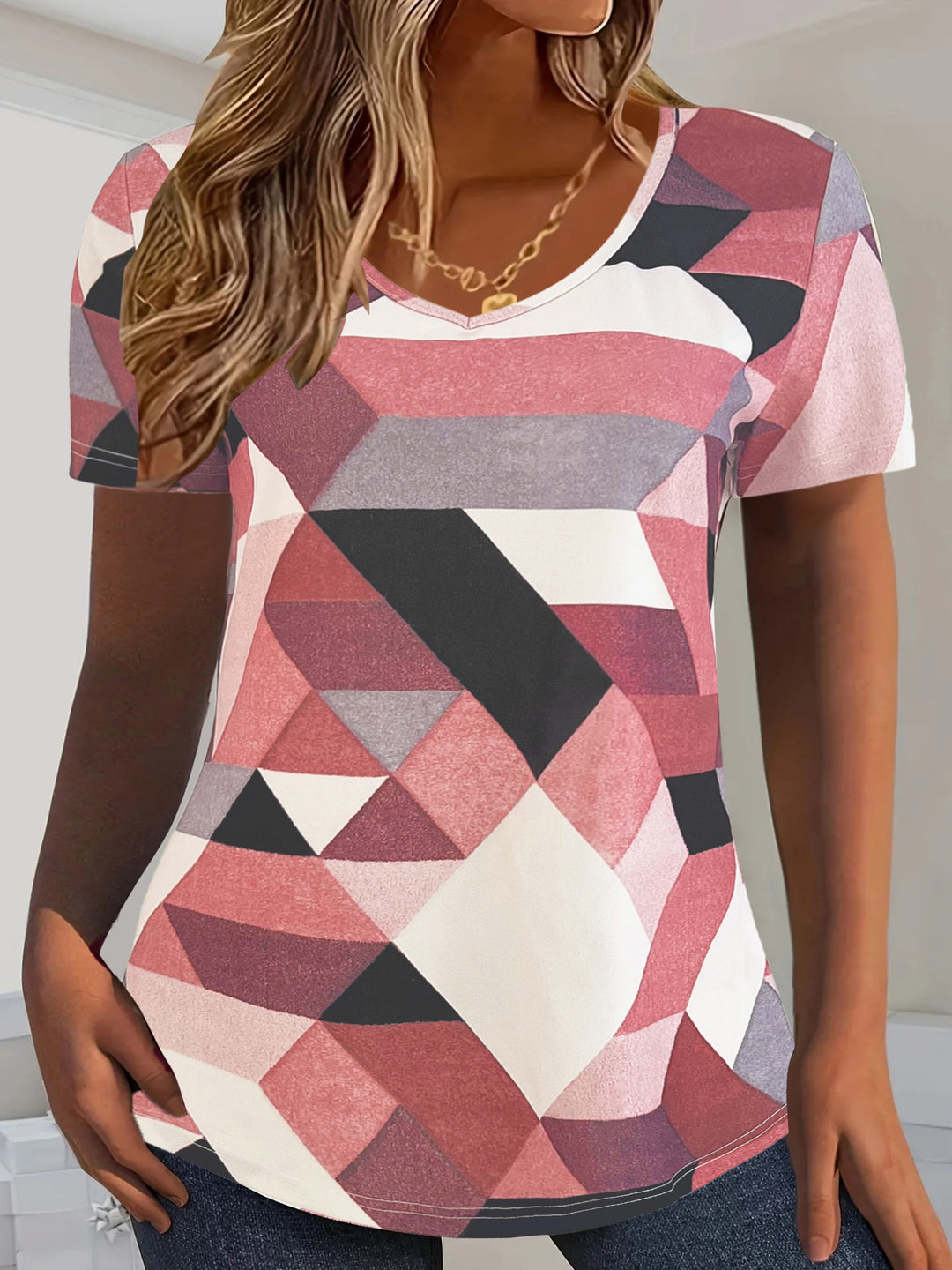 Damen V-Ausschnitt T-Shirt mit geometrischem Muster und weichem Material EB