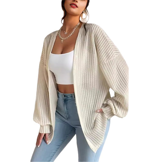 Damen Lässige Strickjacke mit weit geschnittenen Ärmeln und Rippenstruktur EB