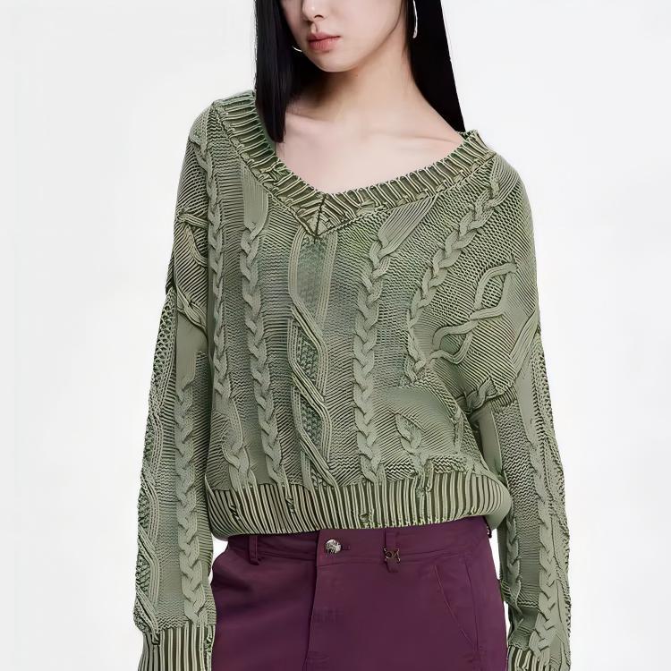Damen Grob gestrickter Pullover mit V-Ausschnitt und voluminösen Ärmeln EB