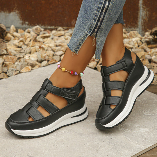 Damen Geschlossene Plateau-Sport-Sandalen mit geflochtenen Riemen und Klettverschluss EB