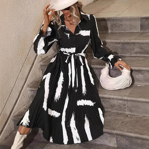 Damen langärmliges Hemdblusenkleid mit plissierten Details EB