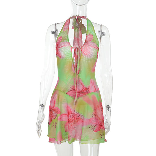 Damen stylisches Halter-Sommerkleid mit floralem Muster EB