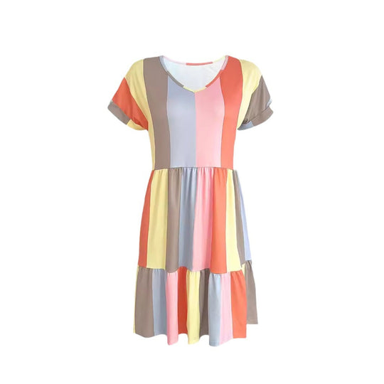 Damen lässiges Sommerkleid im modernen Streifendesign mit V-Ausschnitt und Volant EB