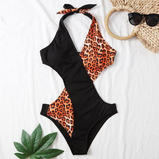 Damen Einteiliger Badeanzug mit innovativem Cut-Out-Design und luxuriösem Leopardenmuster EB