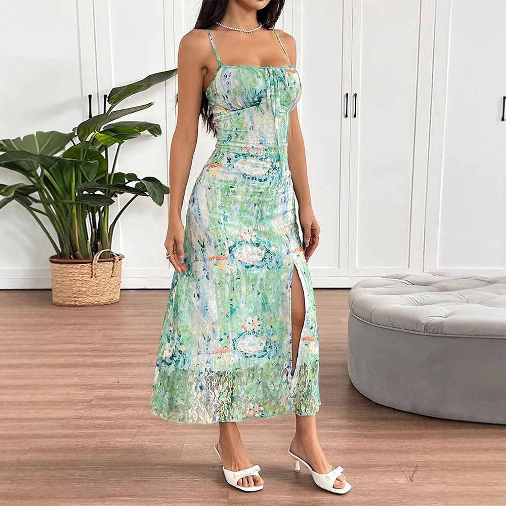 Damen Maxikleid mit zartem floralem Muster und verstellbaren Spaghettiträgern EB