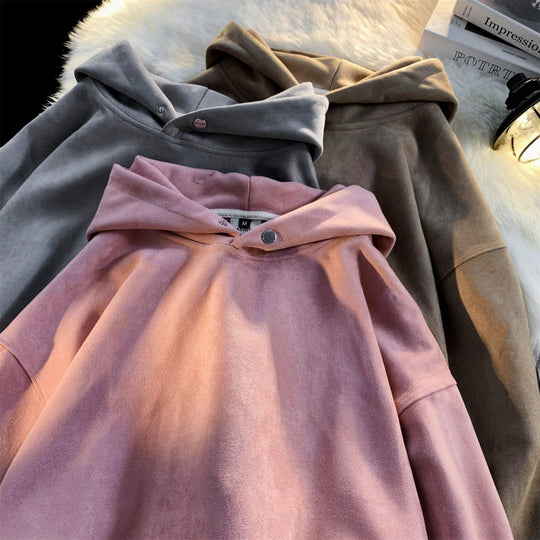 Damen gemütlicher Kapuzenpullover im modernen Velourslook EB