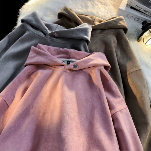 Damen gemütlicher Kapuzenpullover im modernen Velourslook EB